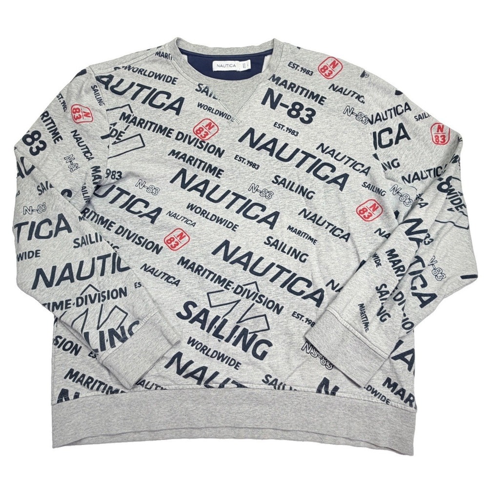Nautica Jeans Co Sweatshirt Mens Large Gray Crewneck Logo Pullover Fleece AOP